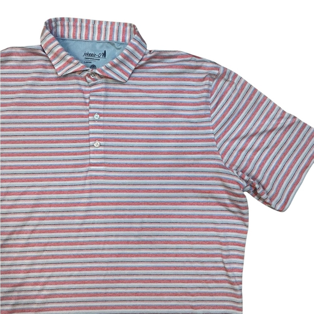 johnnie-O Men’s Red White Blue Striped‎ Performance Golf Polo  L Elk River Patch